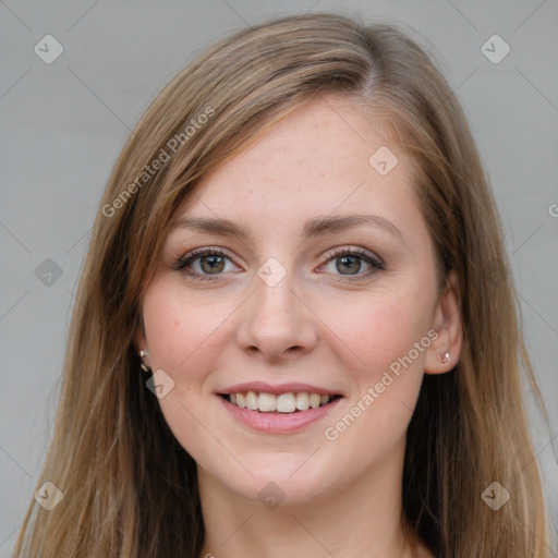 Joyful white young-adult female with long  brown hair and grey eyes