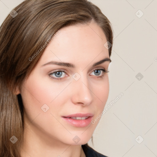 Neutral white young-adult female with long  brown hair and brown eyes