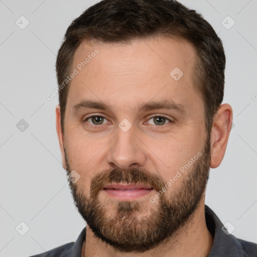 Neutral white adult male with short  brown hair and brown eyes