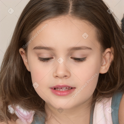 Joyful white child female with long  brown hair and brown eyes