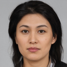 Neutral asian young-adult female with medium  brown hair and brown eyes