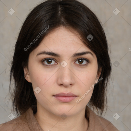 Neutral white young-adult female with medium  brown hair and brown eyes