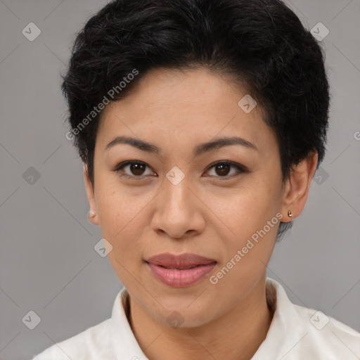 Joyful latino young-adult female with short  brown hair and brown eyes