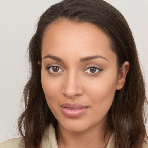 Neutral white young-adult female with long  brown hair and brown eyes