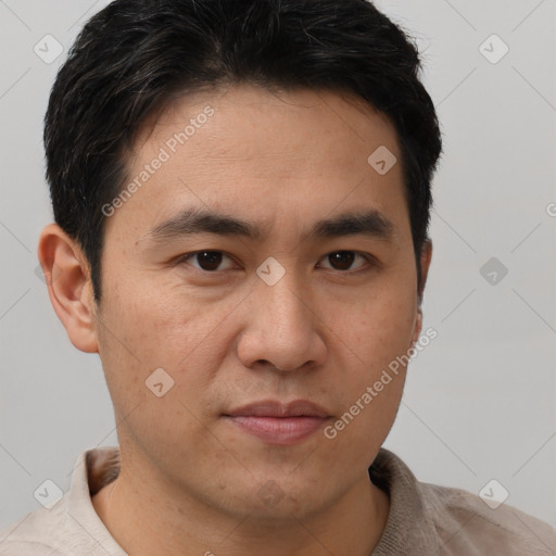 Neutral asian young-adult male with short  brown hair and brown eyes