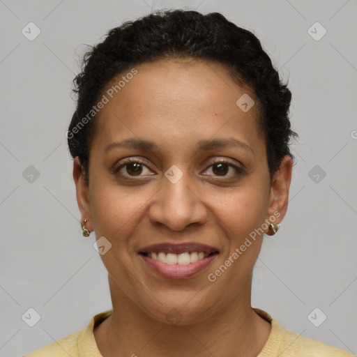 Joyful latino young-adult female with short  brown hair and brown eyes