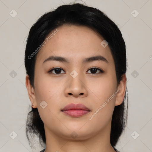 Neutral asian young-adult female with medium  black hair and brown eyes