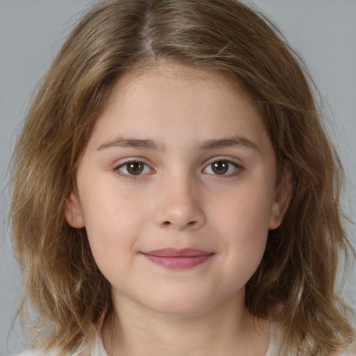 Joyful white child female with medium  brown hair and brown eyes