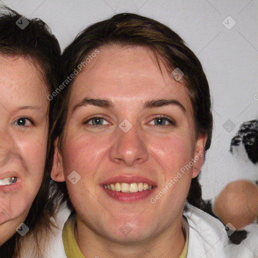 Joyful white adult female with medium  brown hair and green eyes