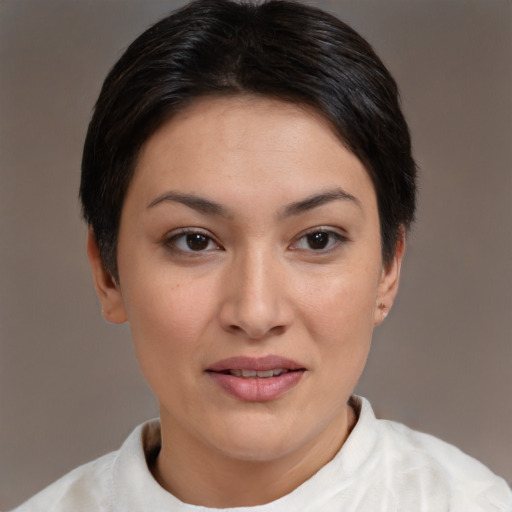 Joyful asian young-adult female with short  brown hair and brown eyes