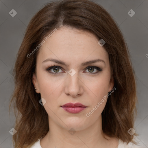 Neutral white young-adult female with medium  brown hair and brown eyes