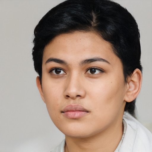Neutral asian young-adult female with medium  black hair and brown eyes