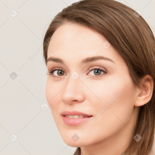 Neutral white young-adult female with long  brown hair and brown eyes