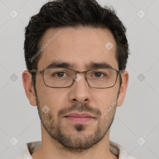 Neutral white young-adult male with short  brown hair and brown eyes