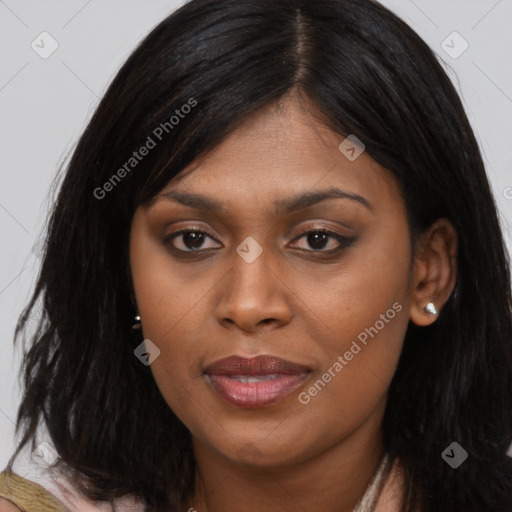 Joyful asian young-adult female with long  brown hair and brown eyes