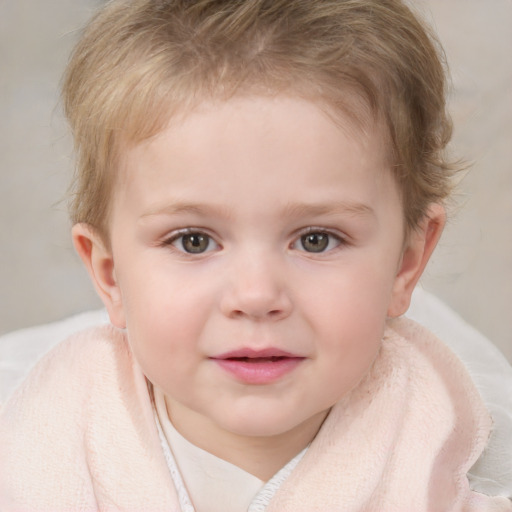 Joyful white child female with medium  brown hair and blue eyes