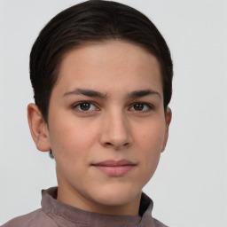 Neutral white young-adult female with short  brown hair and brown eyes