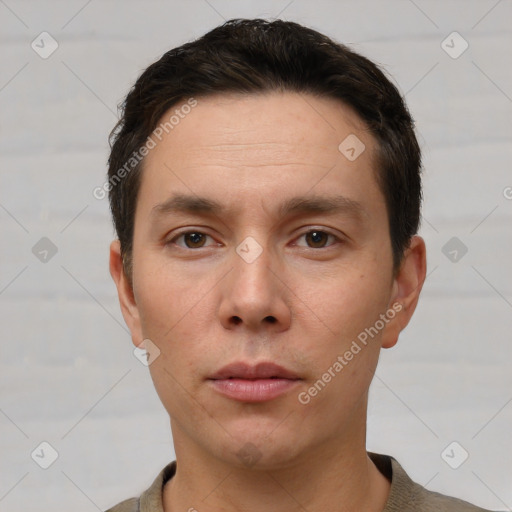 Neutral white adult male with short  brown hair and brown eyes