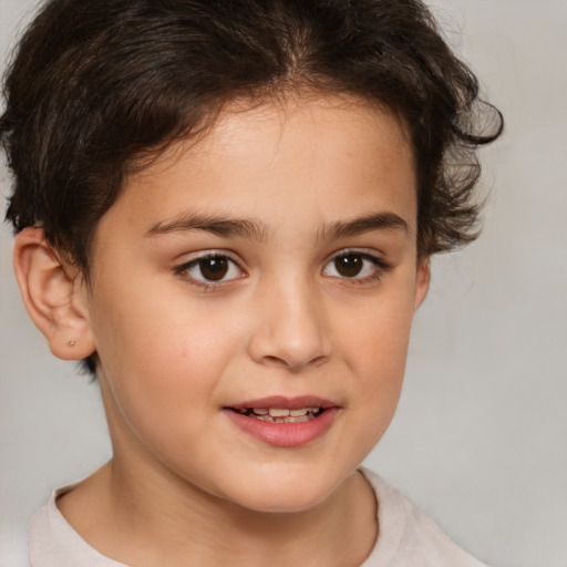 Joyful white child female with medium  brown hair and brown eyes