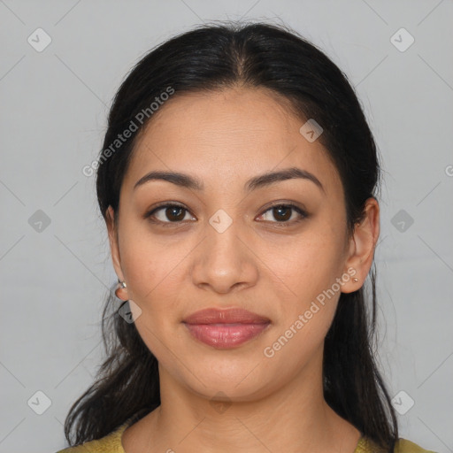 Joyful latino young-adult female with medium  brown hair and brown eyes