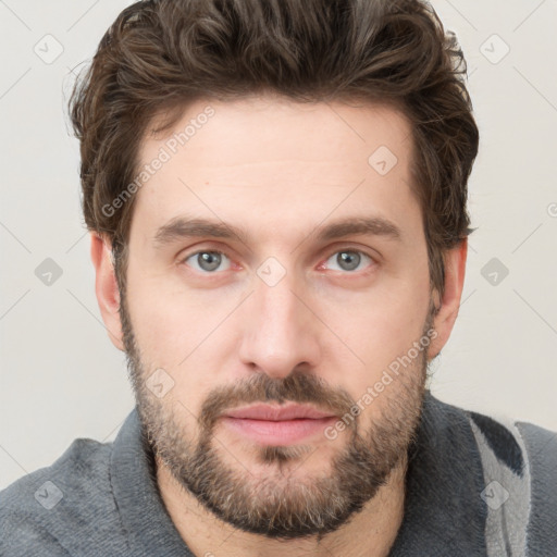 Neutral white young-adult male with short  brown hair and grey eyes