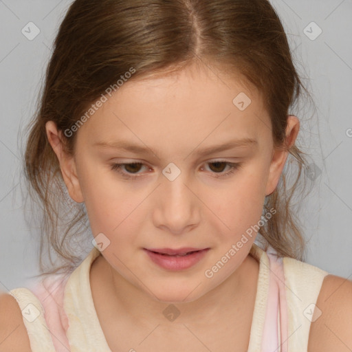 Joyful white child female with medium  brown hair and brown eyes