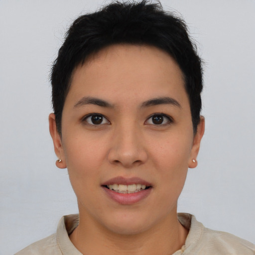 Joyful asian young-adult female with short  brown hair and brown eyes