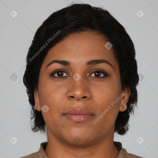 Neutral latino young-adult female with short  brown hair and brown eyes