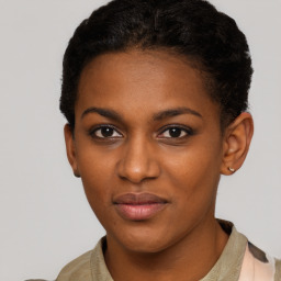 Neutral black young-adult female with short  brown hair and brown eyes