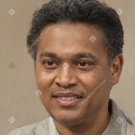 Joyful latino adult male with short  black hair and brown eyes