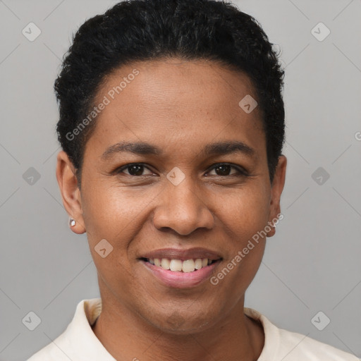 Joyful latino young-adult female with short  brown hair and brown eyes