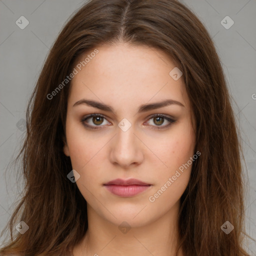 Neutral white young-adult female with long  brown hair and brown eyes