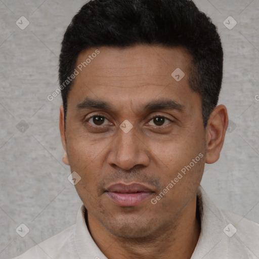 Joyful latino adult male with short  black hair and brown eyes