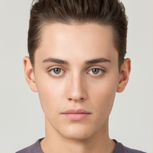 Neutral white young-adult male with short  brown hair and brown eyes