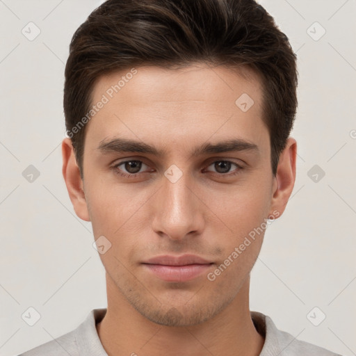 Neutral white young-adult male with short  brown hair and brown eyes