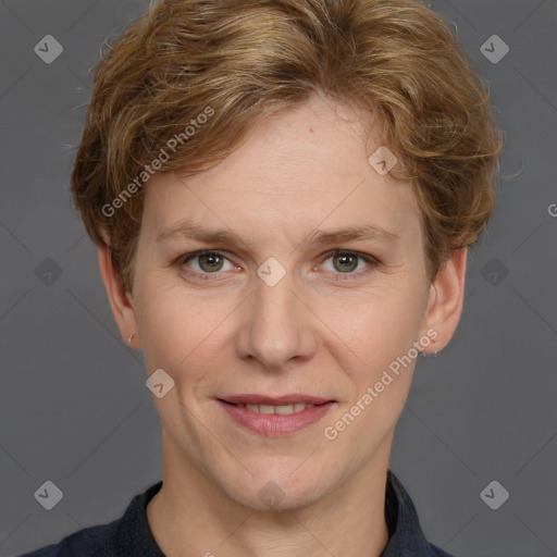 Joyful white adult female with short  brown hair and grey eyes