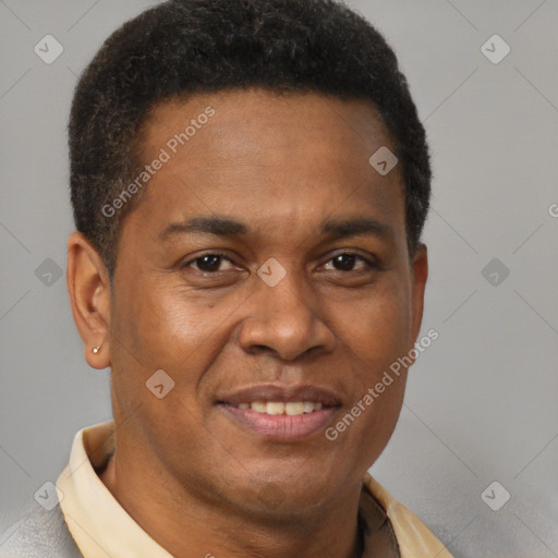 Joyful black adult male with short  brown hair and brown eyes