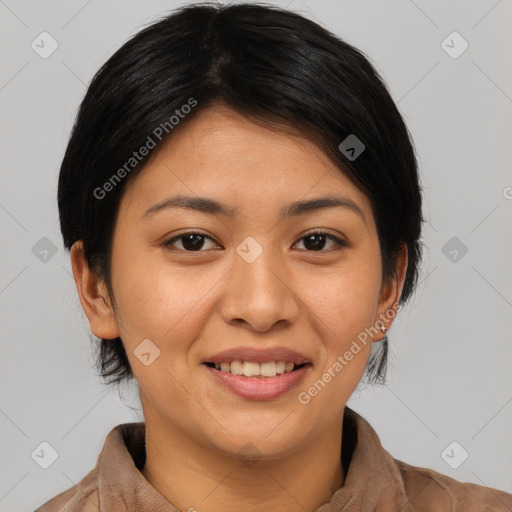 Joyful asian young-adult female with medium  black hair and brown eyes