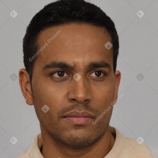 Neutral latino young-adult male with short  brown hair and brown eyes