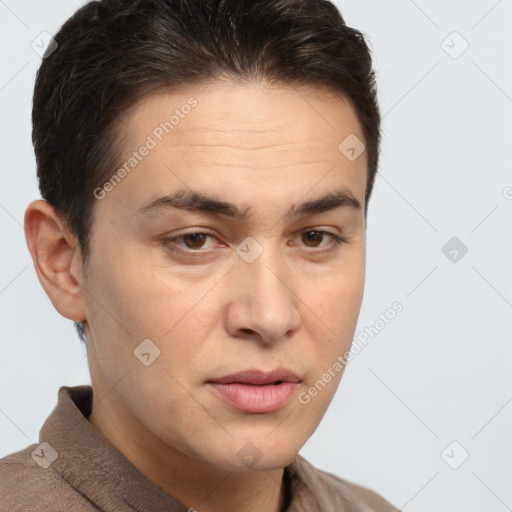 Neutral white adult male with short  brown hair and brown eyes