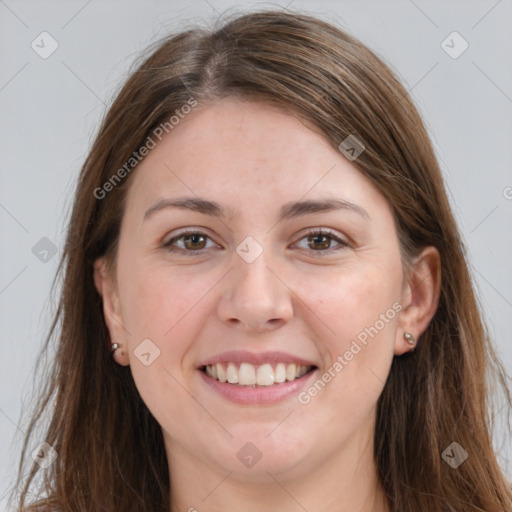 Joyful white young-adult female with long  brown hair and grey eyes