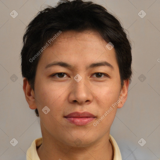 Joyful asian young-adult female with short  brown hair and brown eyes