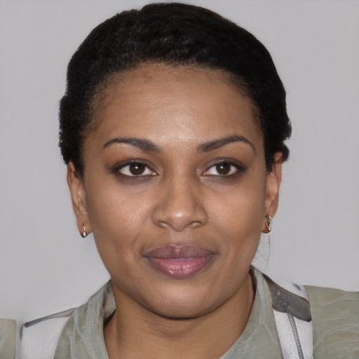 Joyful latino young-adult female with short  black hair and brown eyes