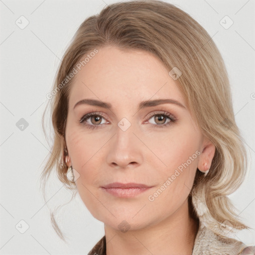 Joyful white young-adult female with medium  brown hair and blue eyes