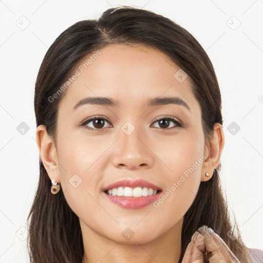 Joyful white young-adult female with long  brown hair and brown eyes