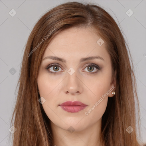 Neutral white young-adult female with long  brown hair and brown eyes