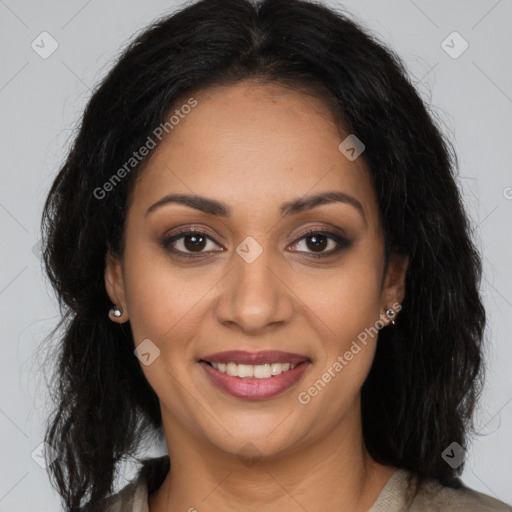 Joyful latino young-adult female with long  brown hair and brown eyes
