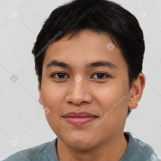 Joyful asian young-adult female with short  brown hair and brown eyes