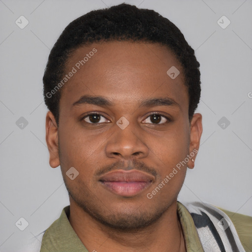 Joyful latino young-adult male with short  brown hair and brown eyes