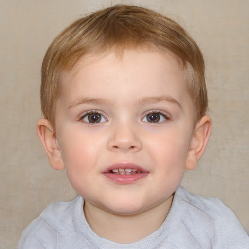 Joyful white child female with short  brown hair and blue eyes